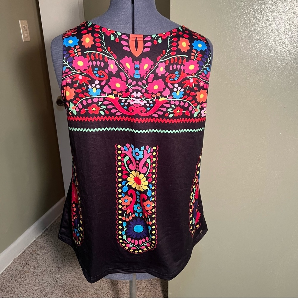 Tank Top Black Scoop Neck Mexican Floral 2XL - Picture 5 of 9